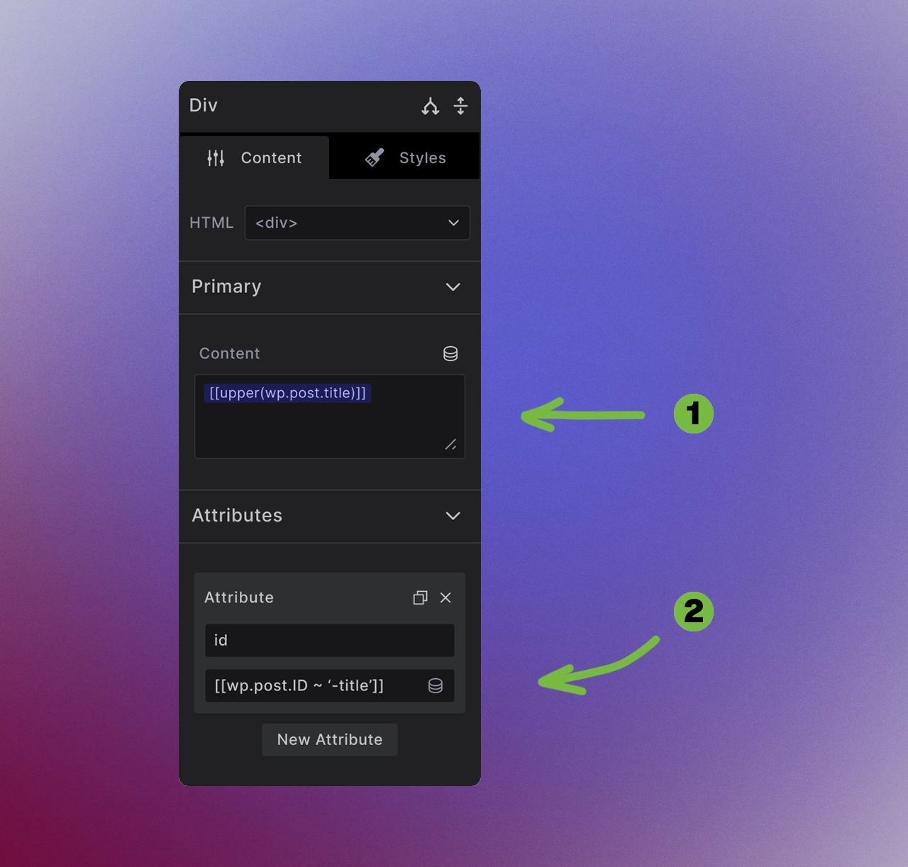 Screenshot showing expressions use in Elements content and attribute