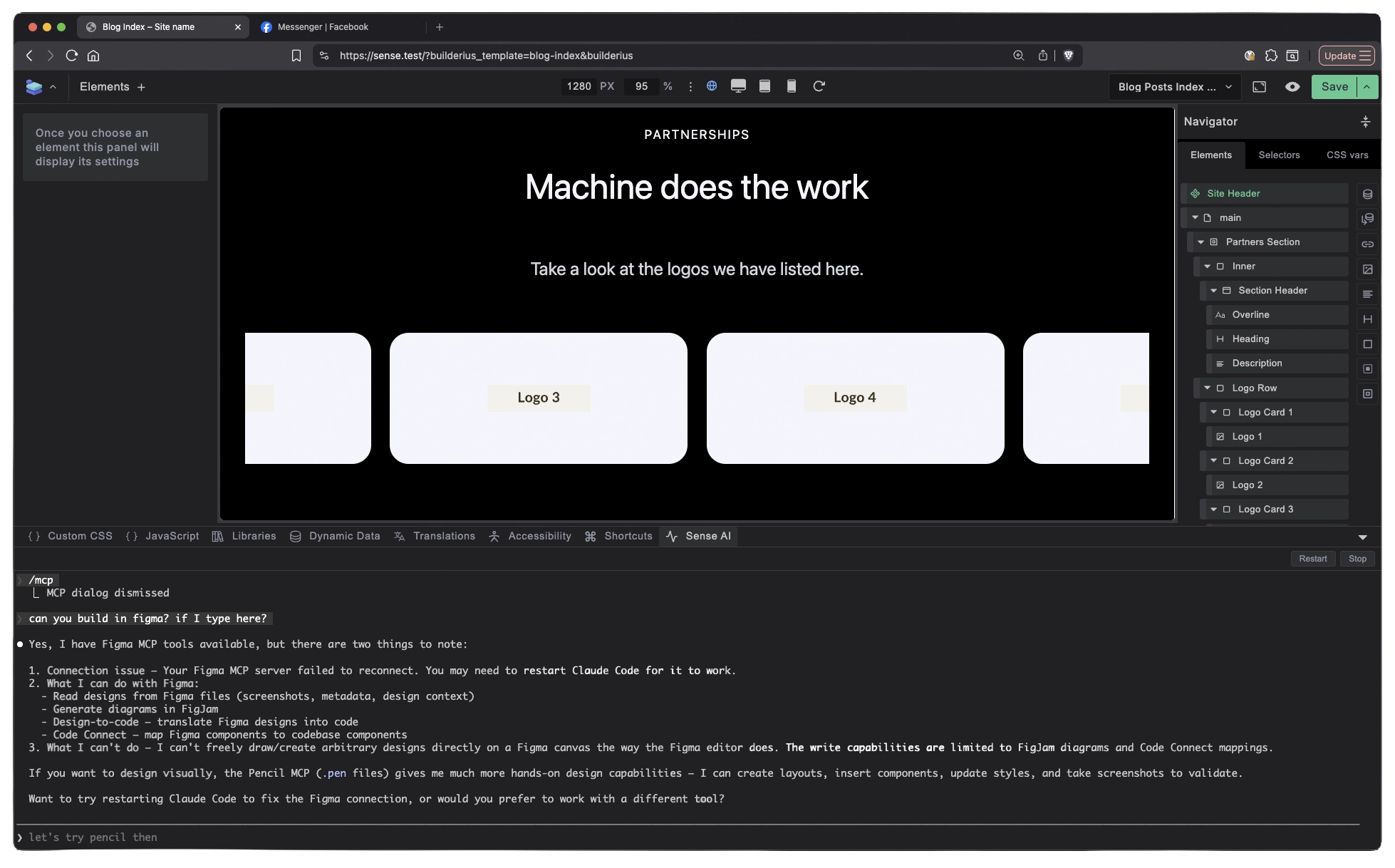 Screenshot: Sense running inside the Builderius builder interface