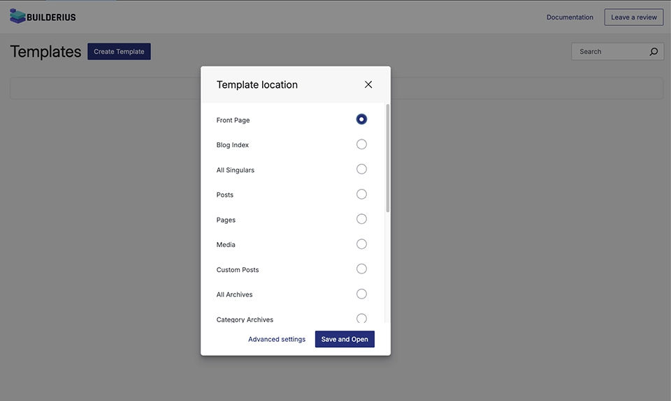 Screenshot: Location selection interface showing Front Page, Blog, Single Post options