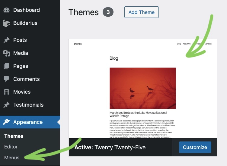 Screenshot: WordPress admin showing Appearance menu with Menus option visible