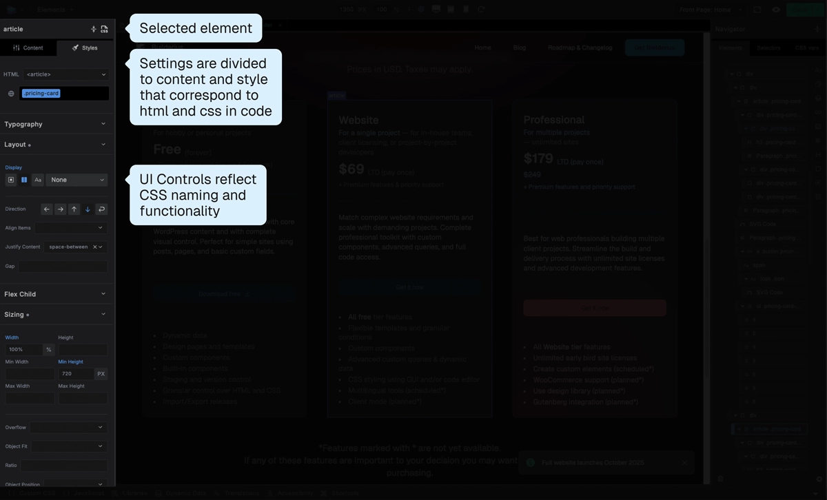 Screenshot: Settings sidebar showing style controls for a selected element