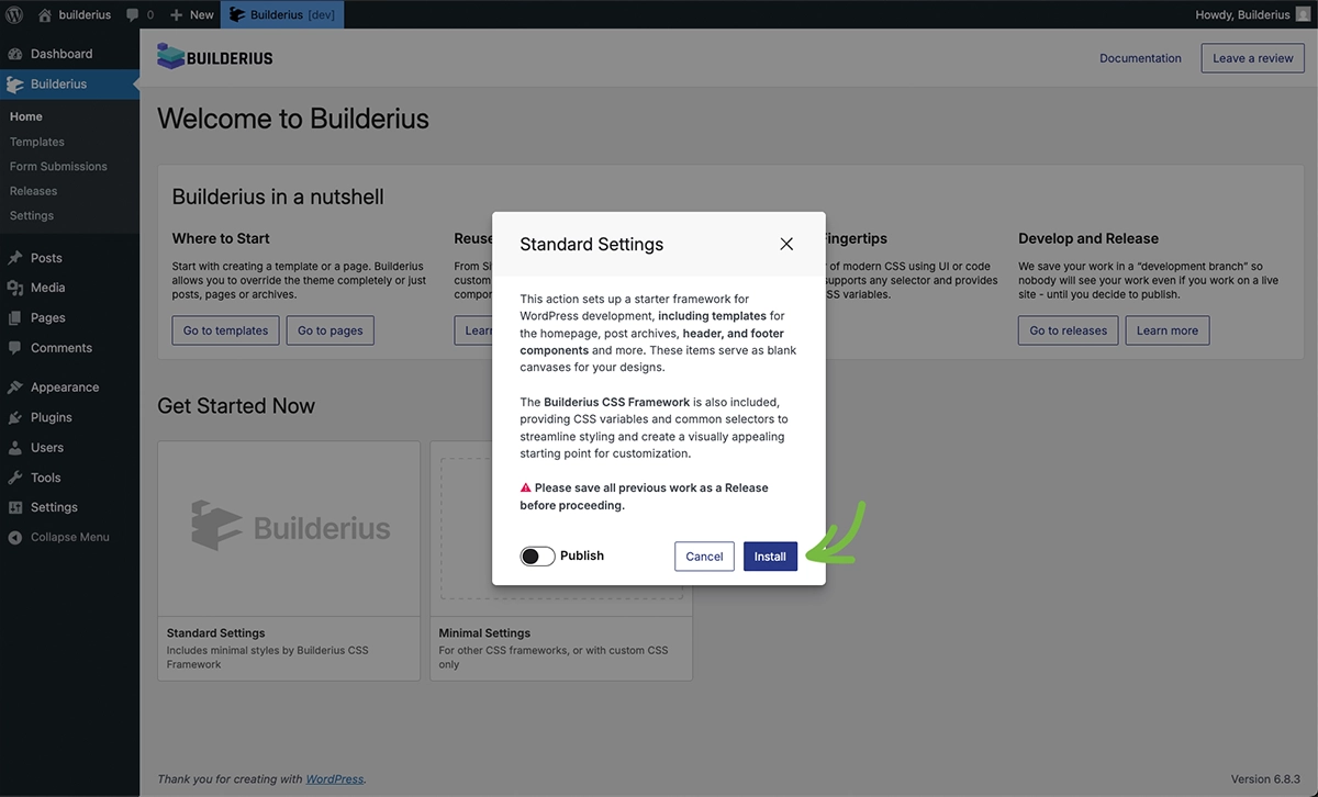 Screenshot of Standard quick start modal showing template and framework options