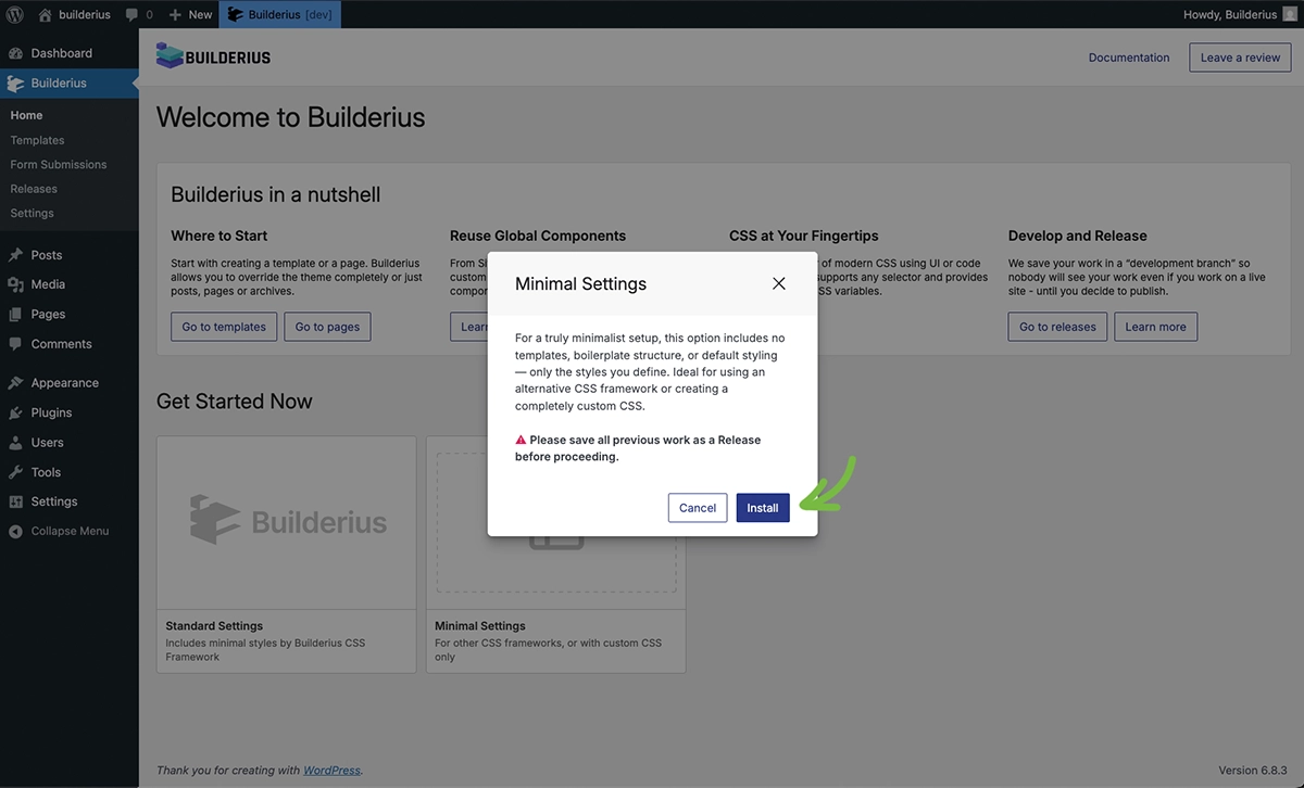 Screenshot of Minimal quick start modal showing stripped-down setup options