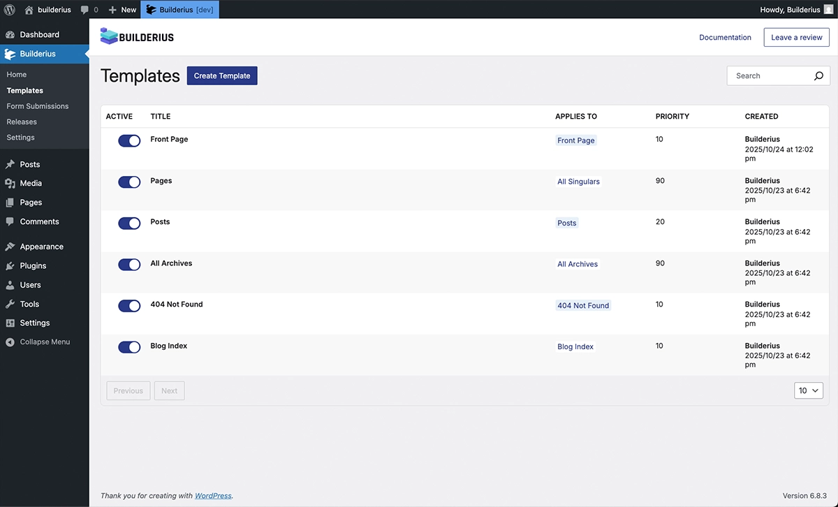 Screenshot showing templates list after Standard quick start, displaying Homepage, Single Post, Archive, and 404 templates