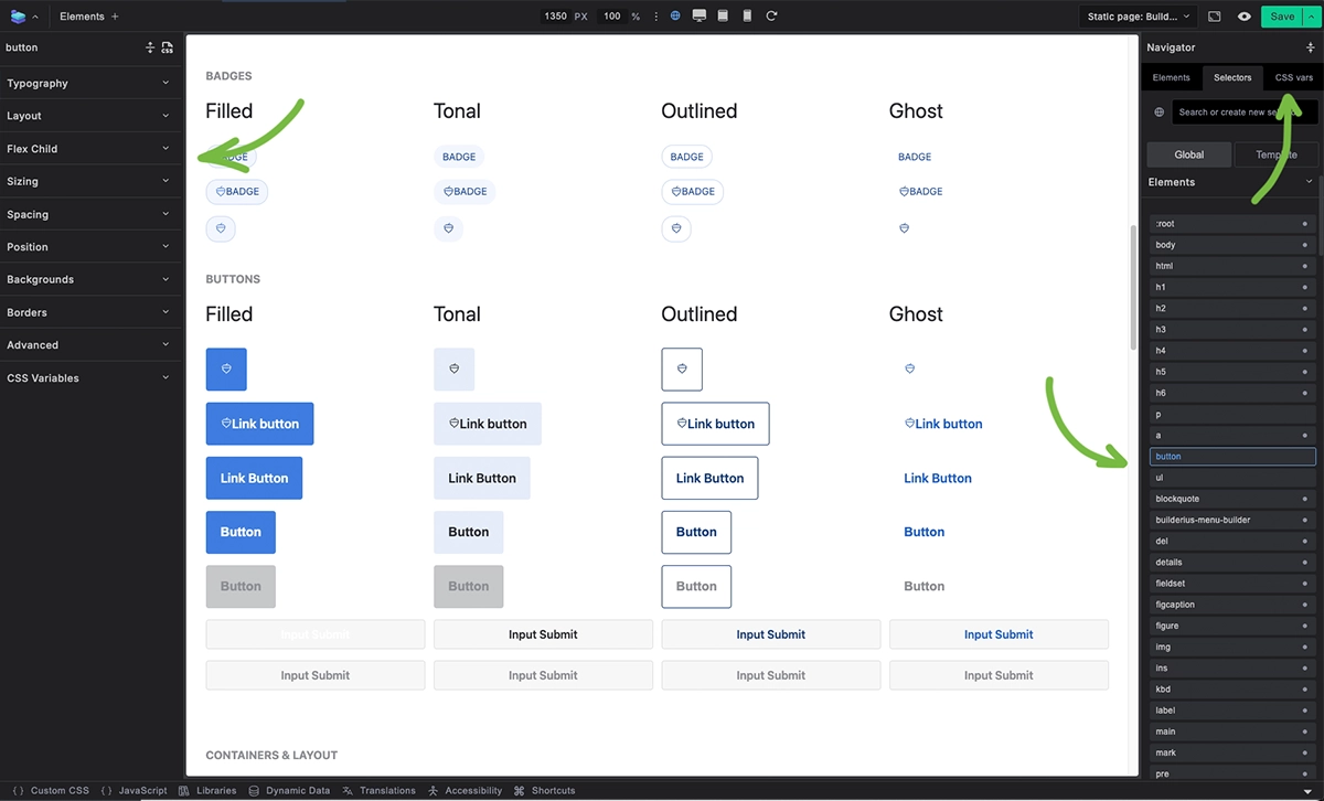 Screenshot of the Builderius Style Guide page showing various styled elements and components for testing global styles