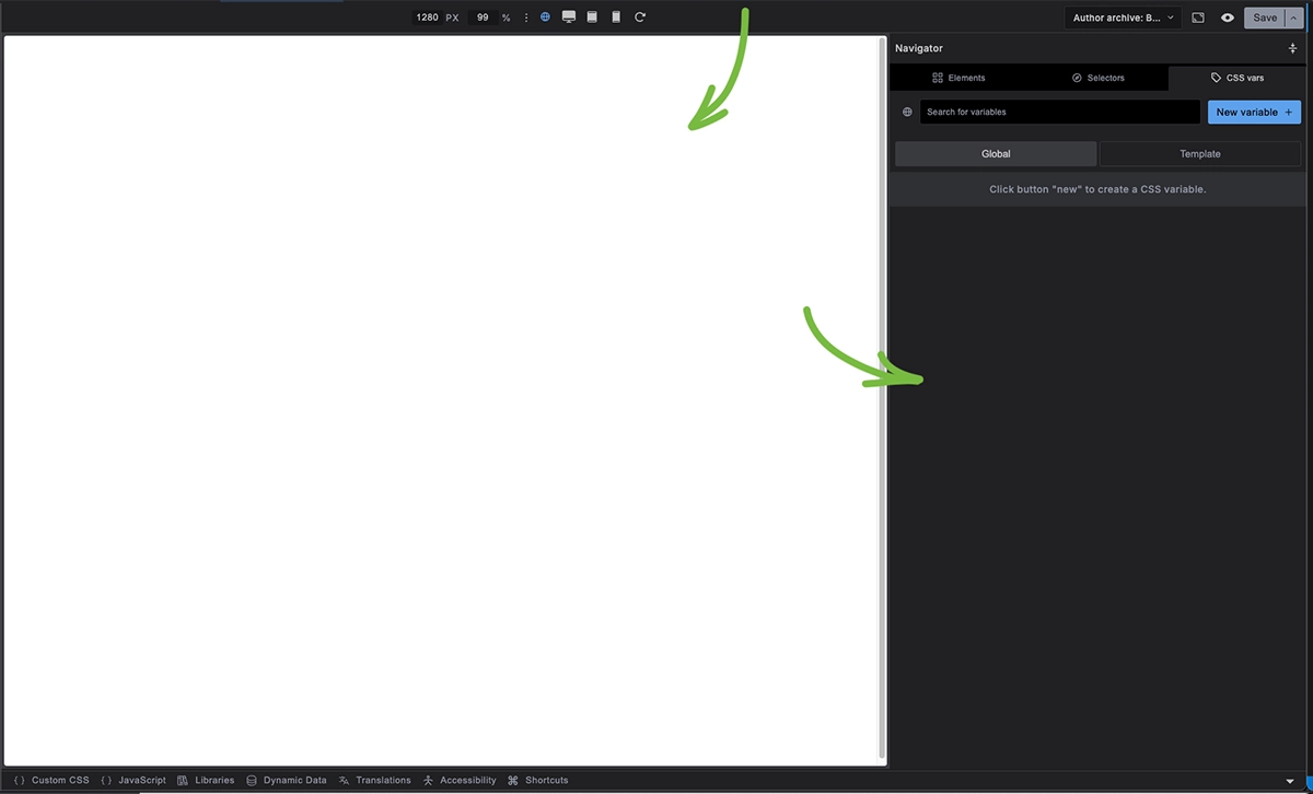 Screenshot showing empty builder canvas after Minimal quick start with no templates, styles, or components