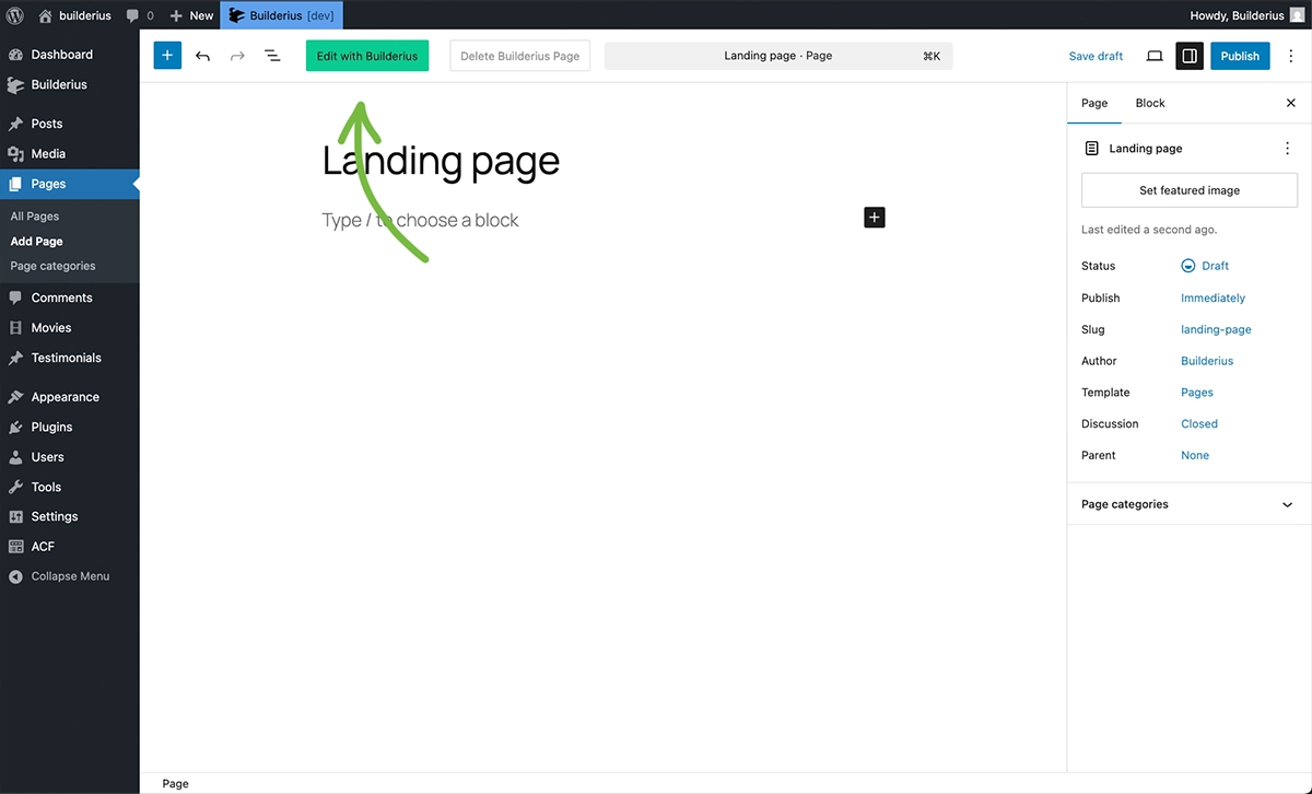 Screenshot: WordPress page editor UI, showing Edit with Builderius button