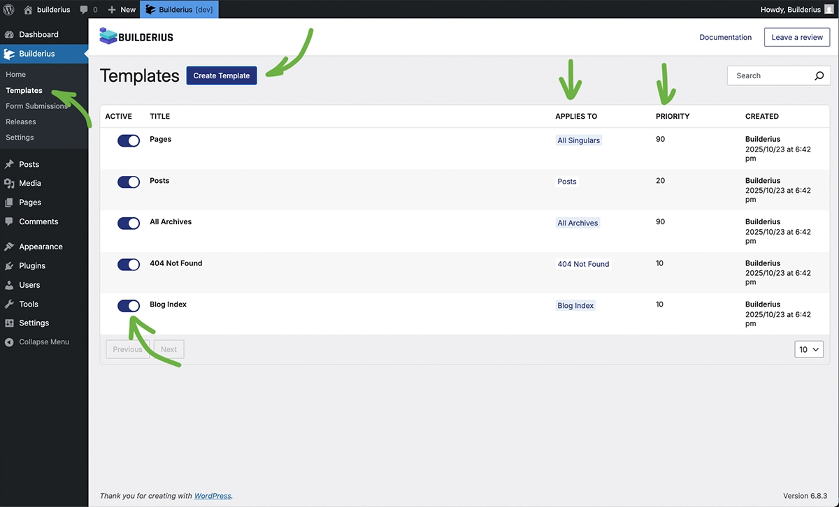 Screenshot: Builderius Templates page