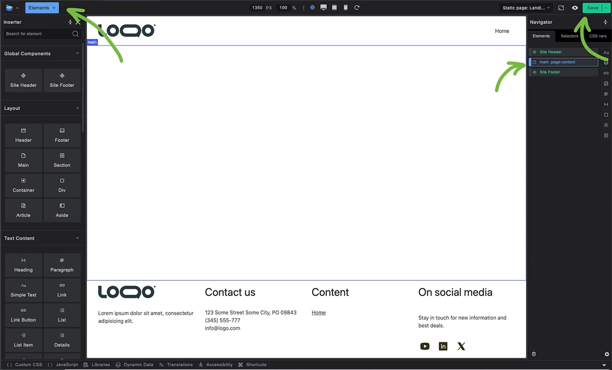 Screenshot: Builderius builder UI, showing header and footer in the canvas, empty area in between with main selected in structure and elements inserter open