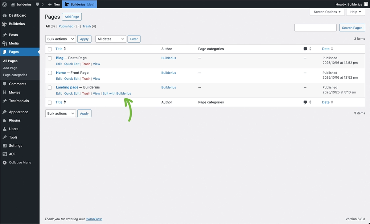 Screenshot: Pages admin page in WordPress showing links to Open in Builderius