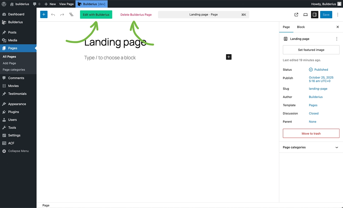 Screenshot: WordPress page editor UI, showing Edit with Builderius button and Delete Builderius Page