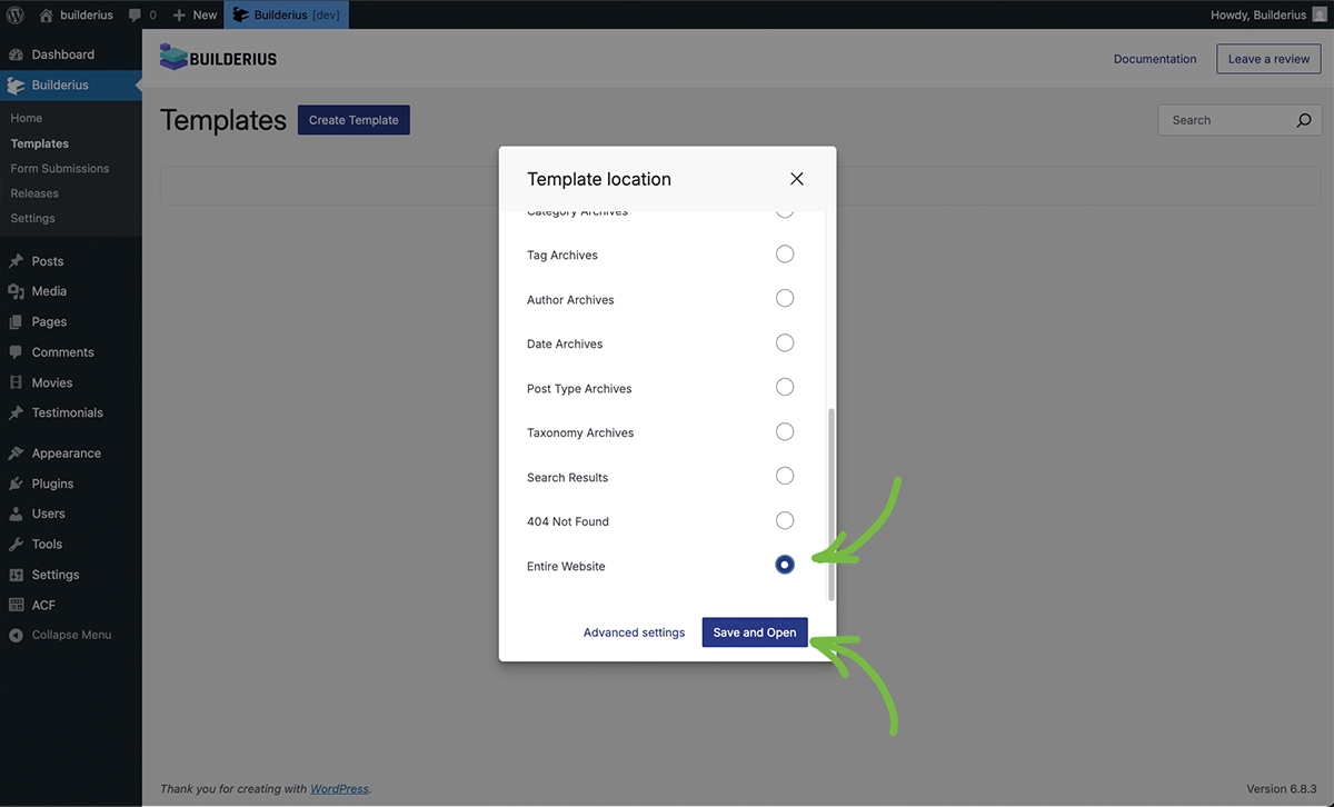 Screenshot: Create template modal with Entire Website selected