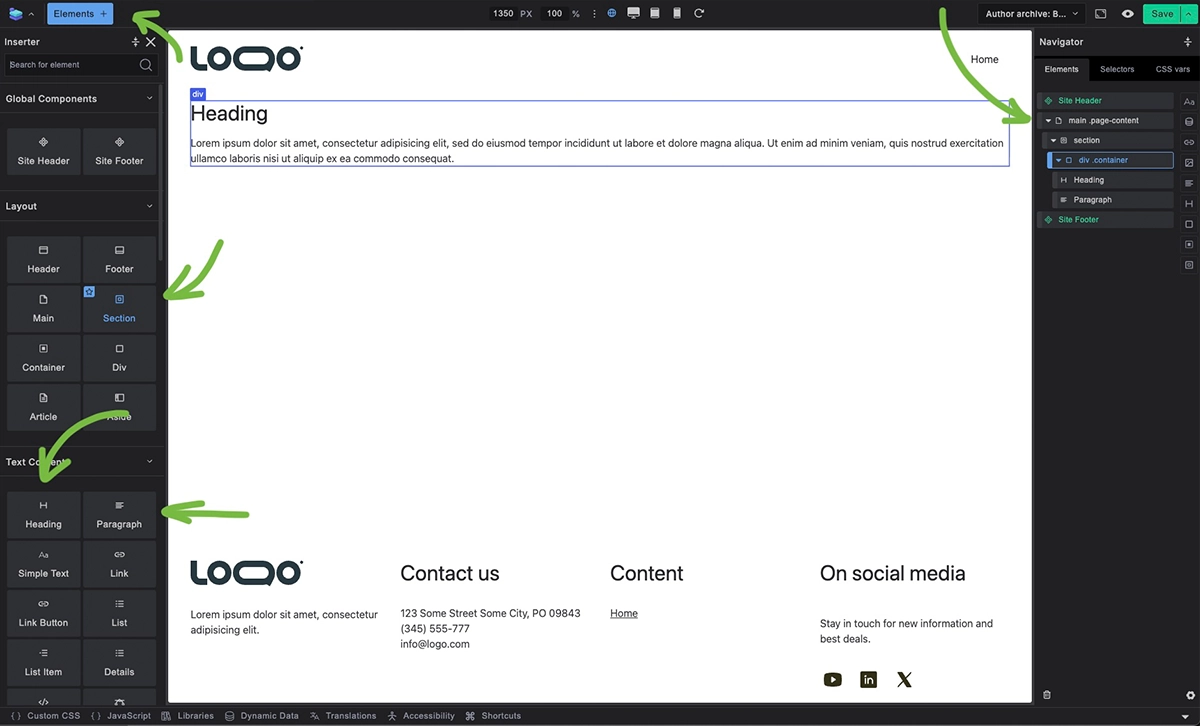 Screenshot: Main content area with text elements being added