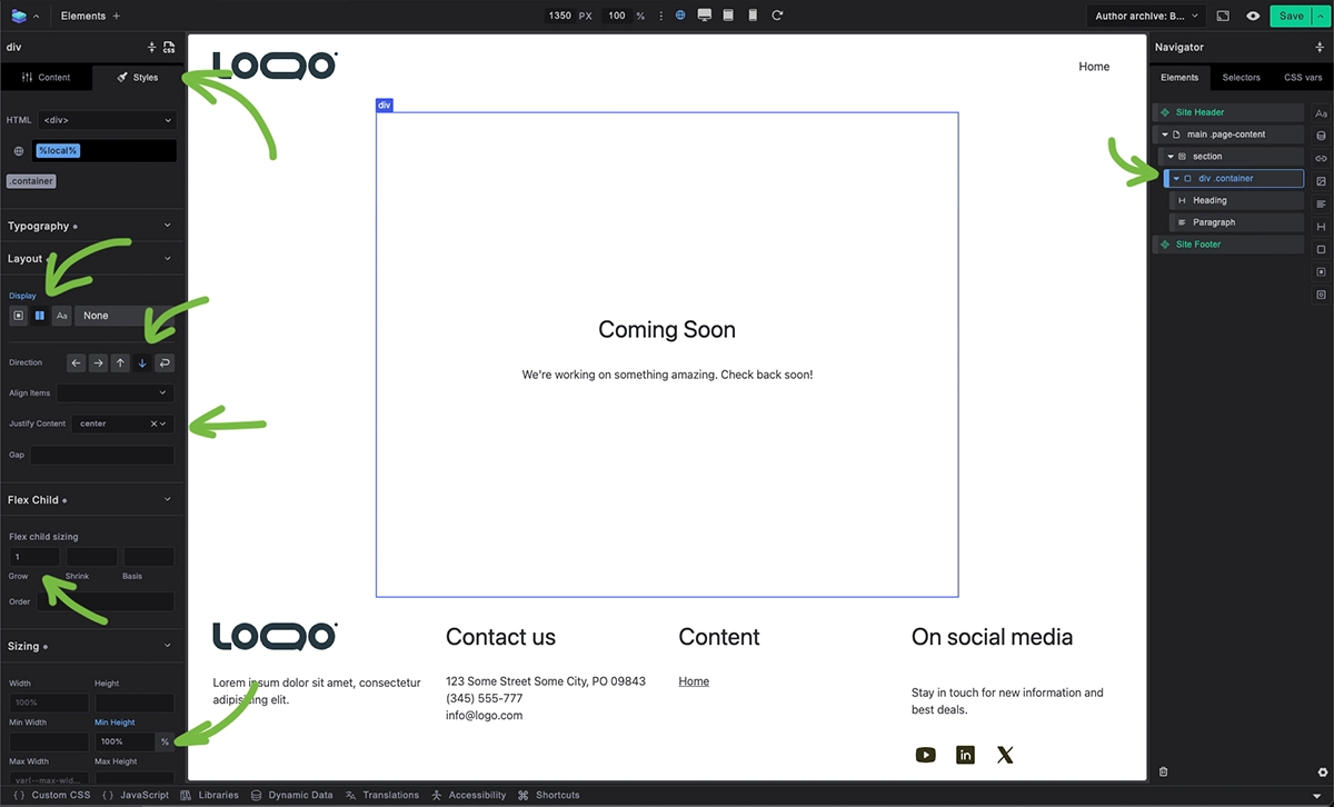 Screenshot: Main content area with basic styling added