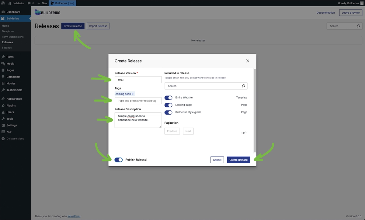 Screenshot: Releases page with Create Release modal