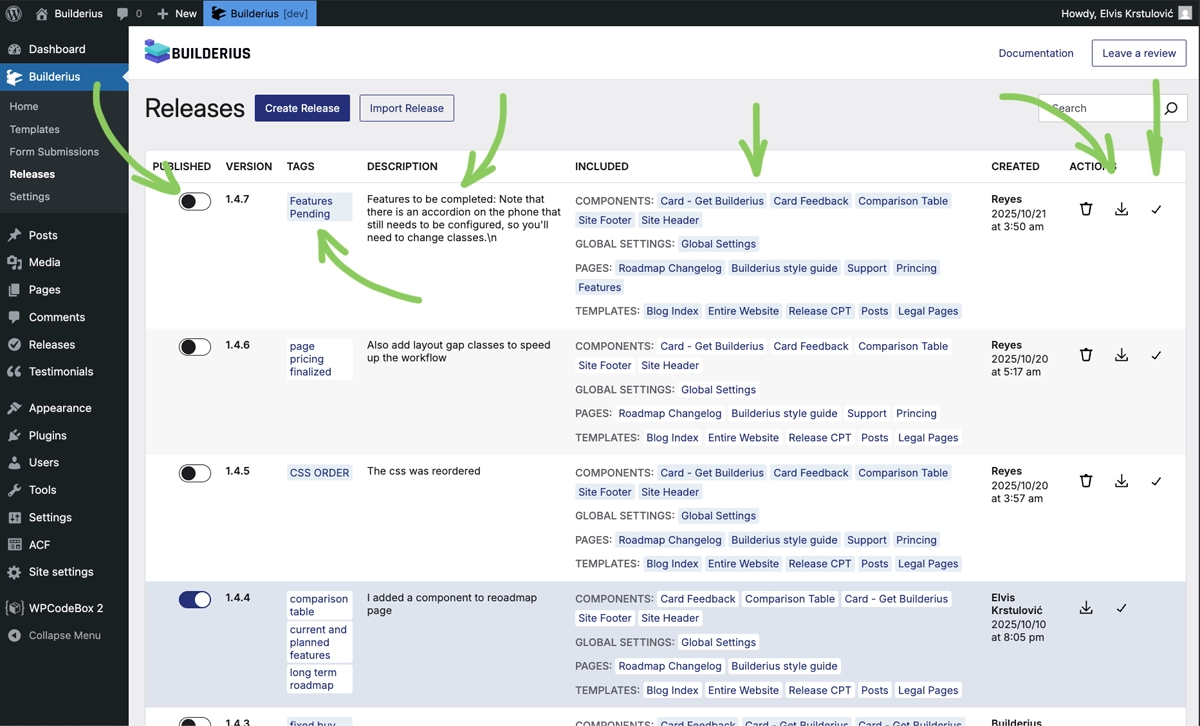 Screenshot: Releases page showing release history with version numbers and deployment status