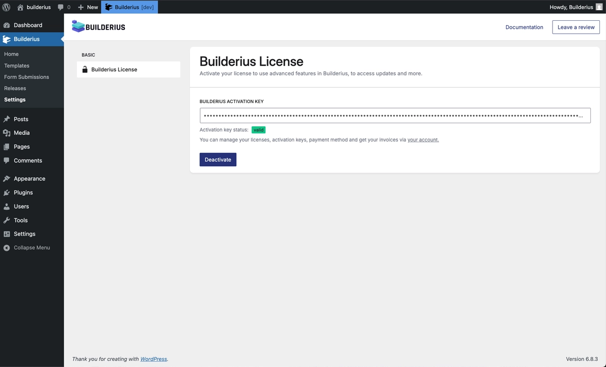 Screenshot: Settings page showing site key input form