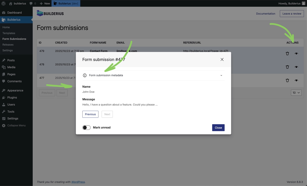 Screenshot: Form sumissions page with a message modal optn