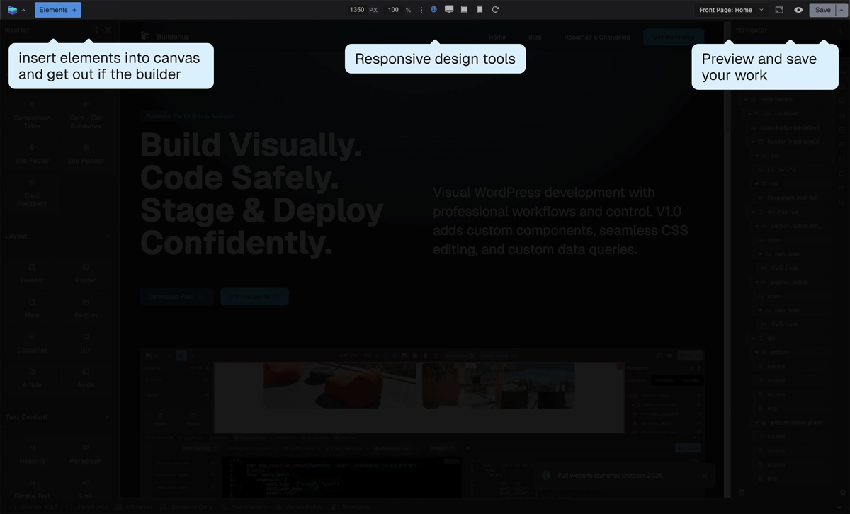 Screenshot: Top bar showing save button, preview options, and responsive controls