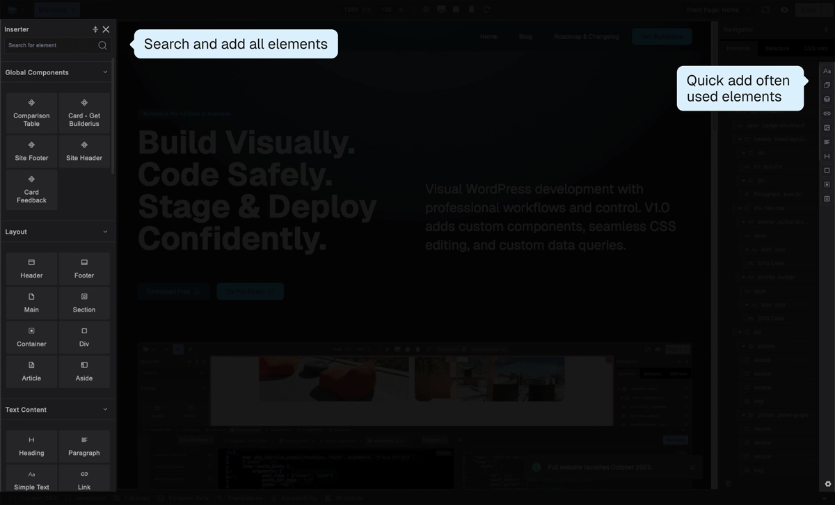 Screenshot: Element inserter panel showing categories and search, and favorites on the right