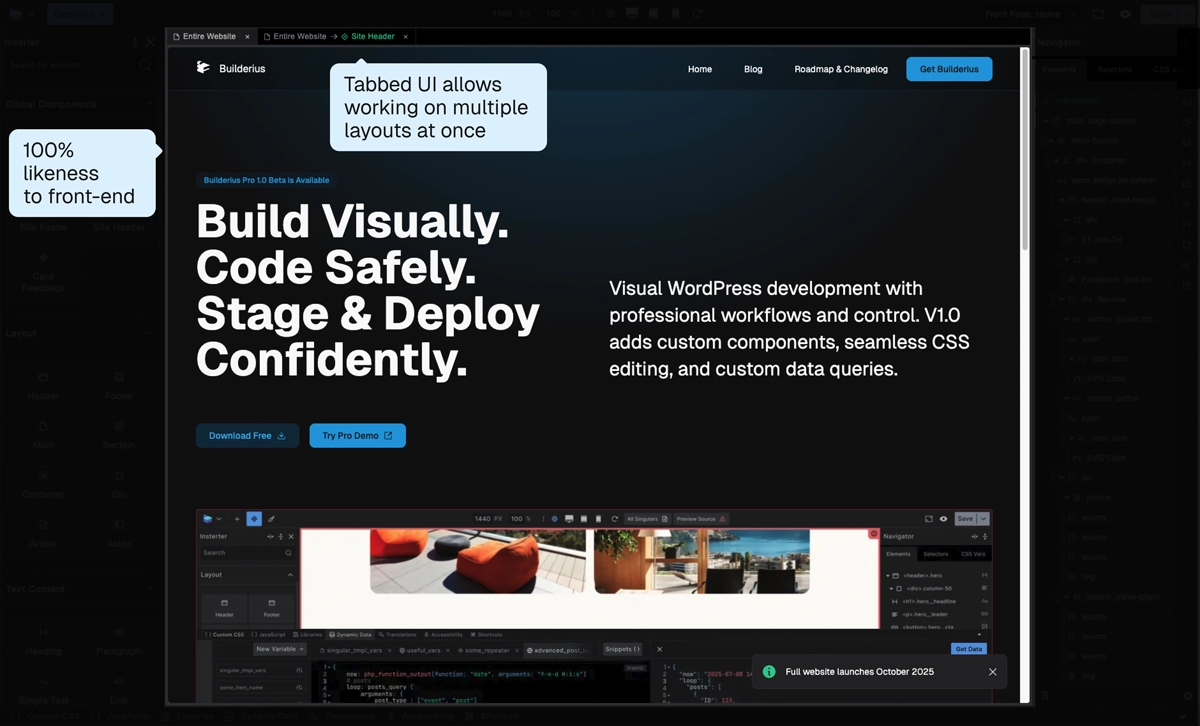 Screenshot: Canvas area showing a page being built with tabs above