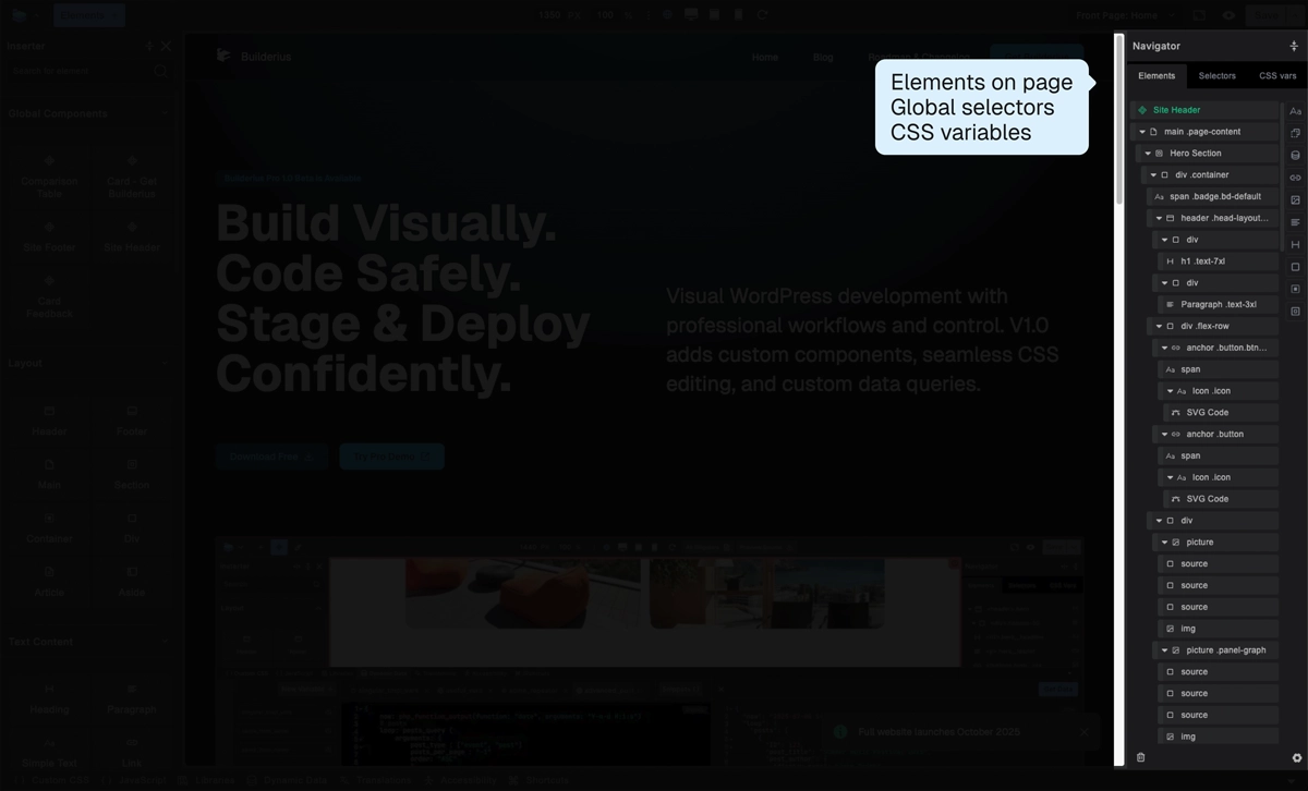 Screenshot: Navigator panel showing Elements tab with HTML tree structure