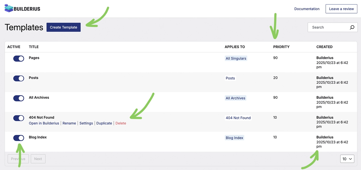 Screenshot showing Builderius Templates admin page with template list, enable/disable toggles, location assignments, creation dates, and sort order column