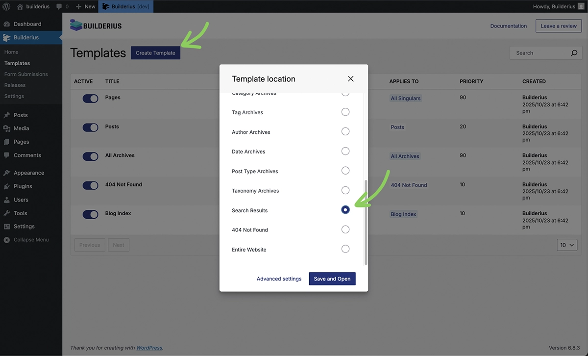 Screenshot of template creation modal showing location list with "Homepage" selected and "Save and Open" button enabled