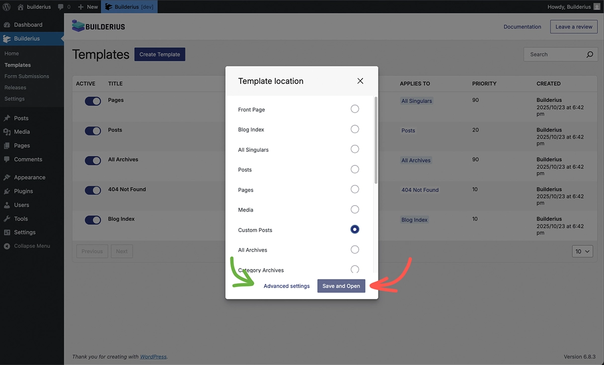 Screenshot of template creation modal showing "Product Archive" location selected with "Save and Open" button disabled and "Advanced Settings" highlighted