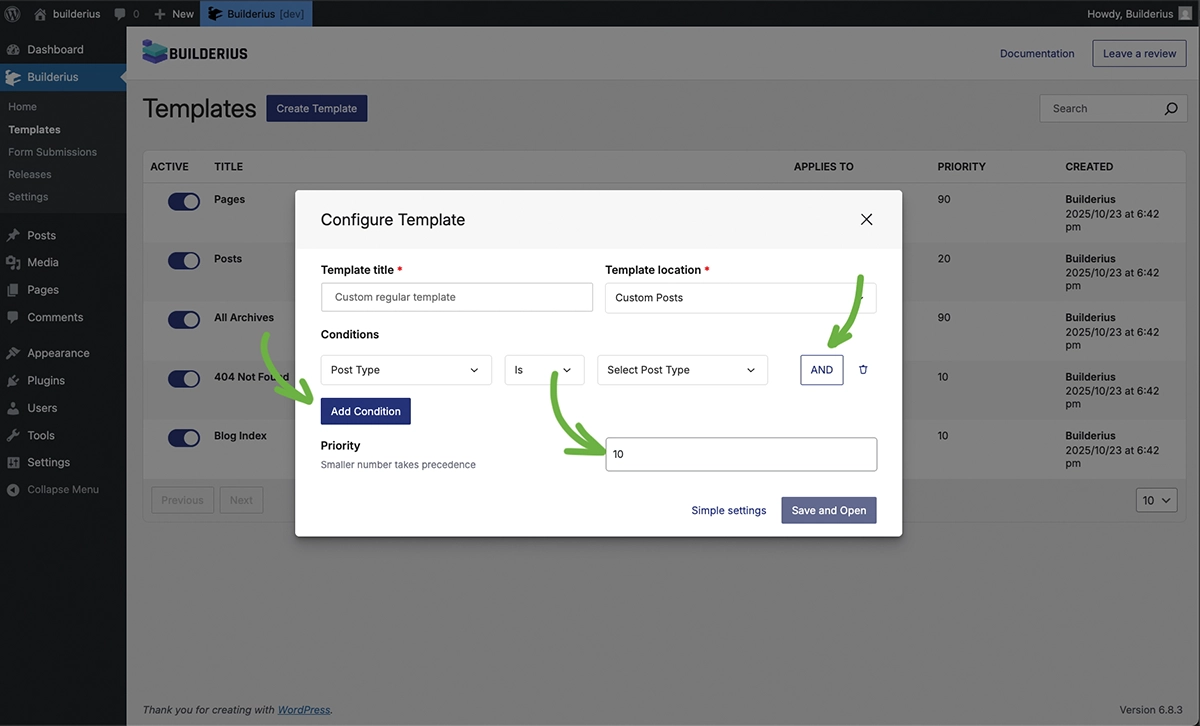 Screenshot of template settings modal displaying conditions builder interface with multiple condition options and operators