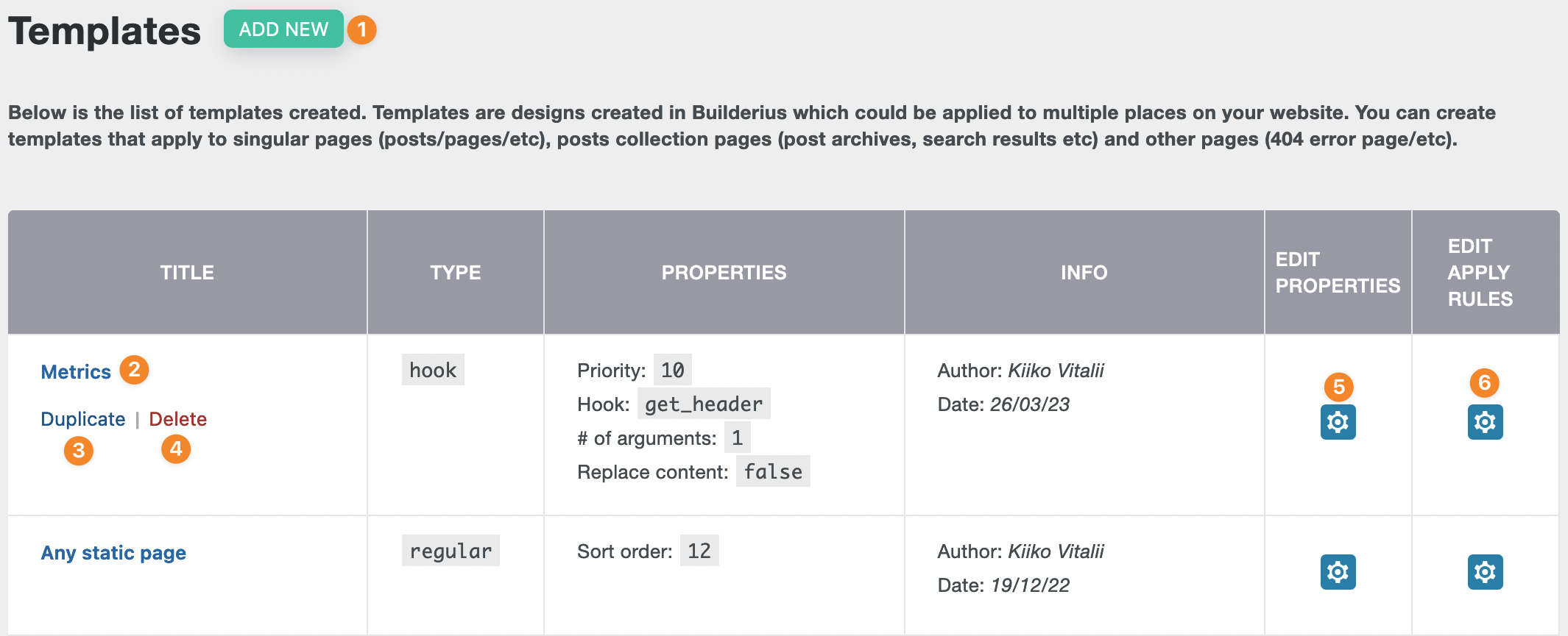 Builderius templates table overview