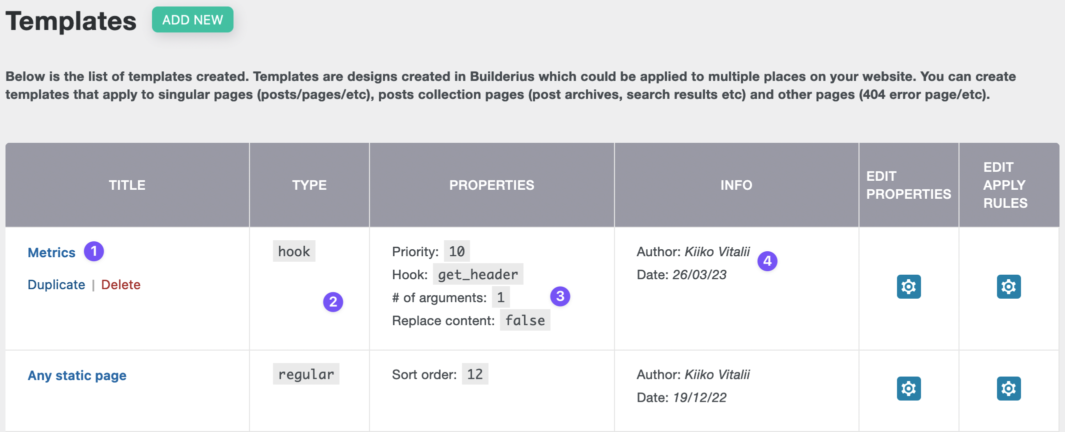 Builderius templates table overview